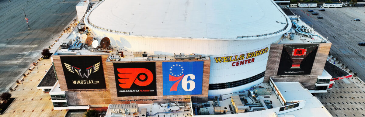 The aerial view of Wells Fargo Center, home of the Philadelphia Flyers and 76'ers.