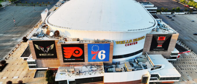 The aerial view of Wells Fargo Center, home of the Philadelphia Flyers and 76'ers.