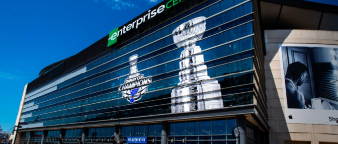 In front of the Enterprise Center, home of the St Louis Blues professional hockey team.