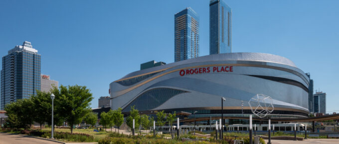 Rogers Place in Edmonton, Canada on a sunny day.