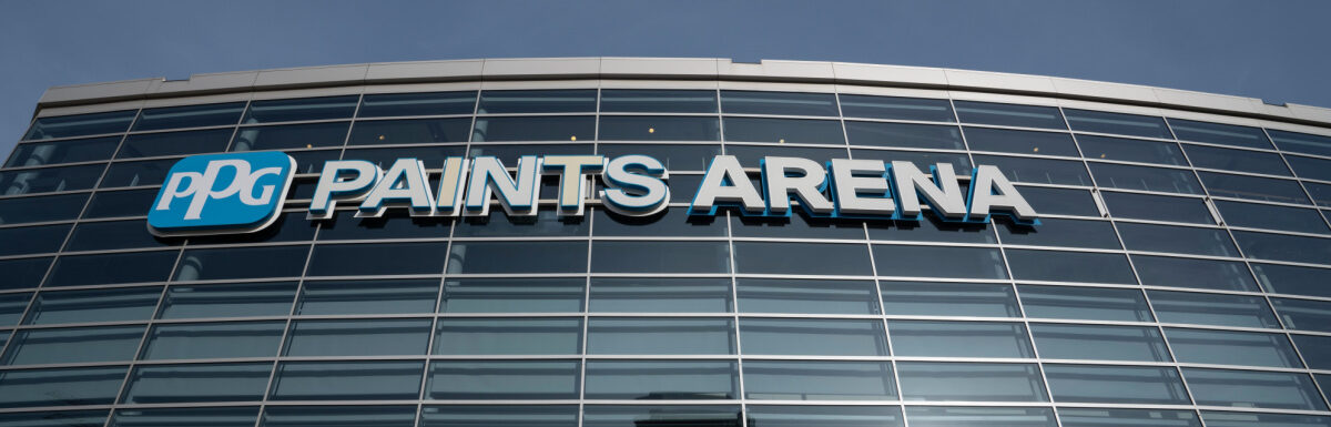 PPG Paints Arena Exterior in Pittsburgh, Pennsylvania, USA on a sunny day.