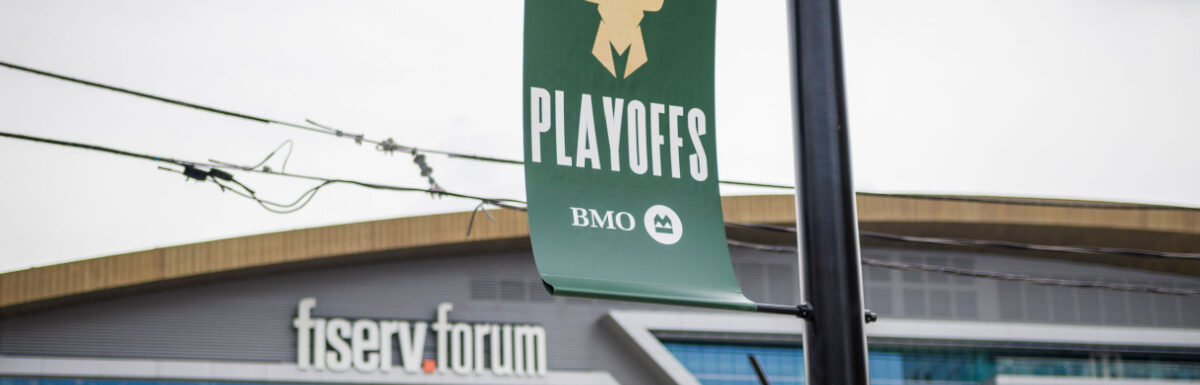 In front of Fiserv Forum arena in Milwaukee, Wisconsin, USA.