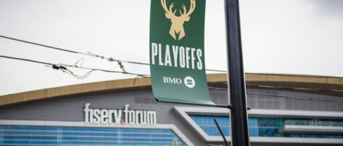 In front of Fiserv Forum arena in Milwaukee, Wisconsin, USA.