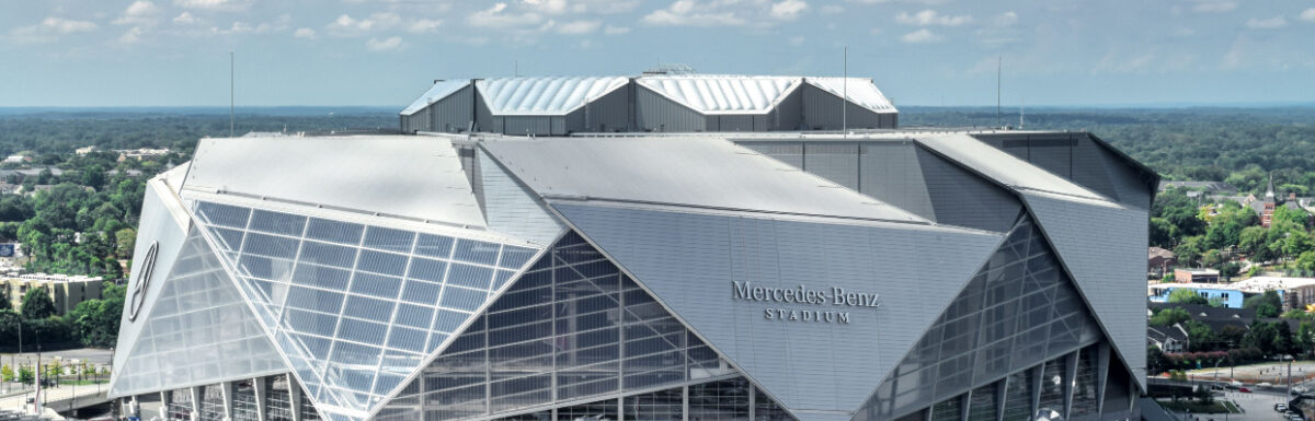 Aerial view of Atlanta's iconic Mercedes Benz Stadium in Atlanta, Georgia, USA.