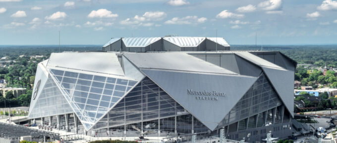 Aerial view of Atlanta's iconic Mercedes Benz Stadium in Atlanta, Georgia, USA.