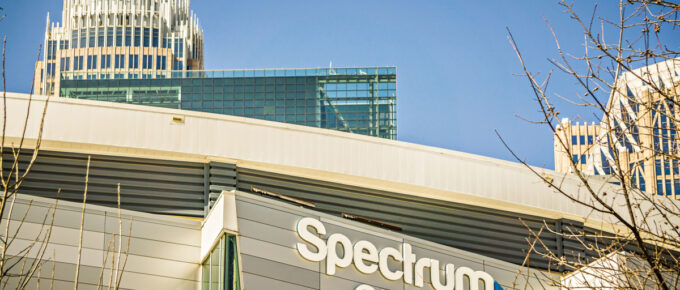 Charlotte, North Carolina city skyline and surroundings near Spectrum Center.