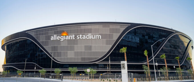 Sunset view of the Allegiant Stadium in Las Vegas, Nevada, USA.