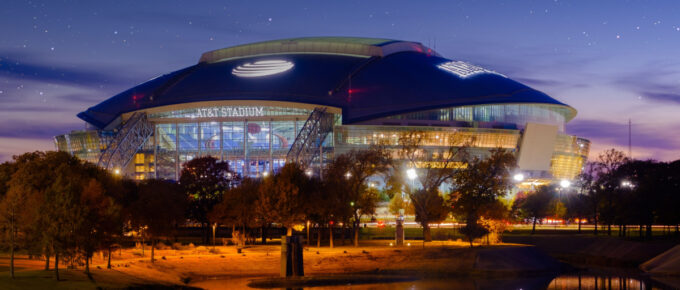 AT&T football Stadium at night in Arlington, Texas, USA.