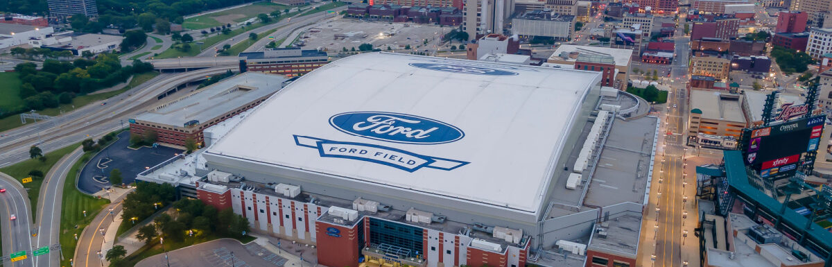 Ford Field, a domed American football stadium located in Downtown Detroit, USA.