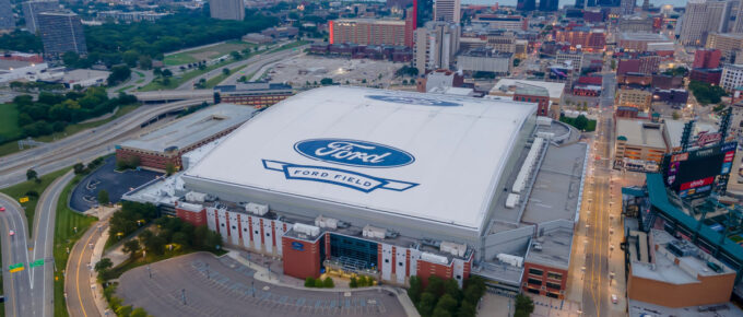 Ford Field, a domed American football stadium located in Downtown Detroit, USA.