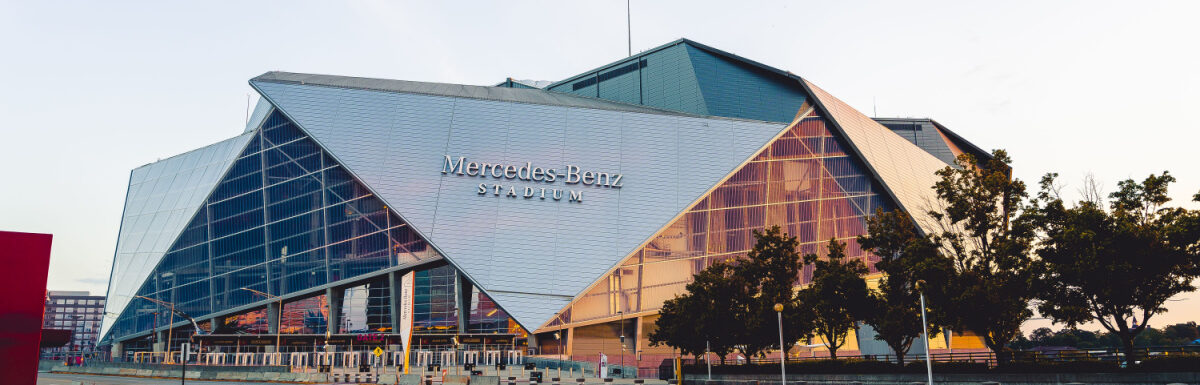 The Mercedes-Benz Stadium in Downtown Atlanta, Georgia, USA, during sunset.