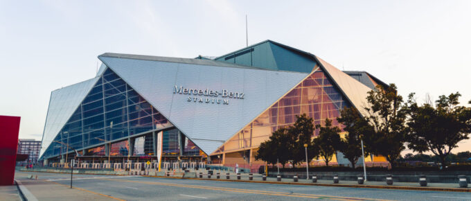 The Mercedes-Benz Stadium in Downtown Atlanta, Georgia, USA, during sunset.