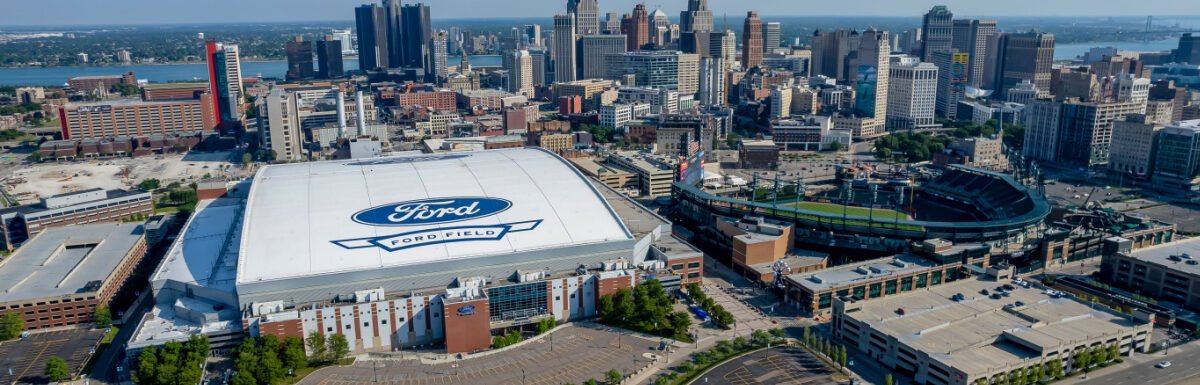 Aerial view of Ford Field in downtown Detroit, Michigan, USA during daytime.