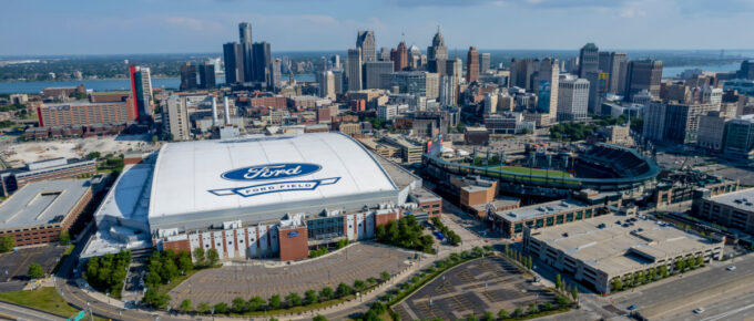 Aerial view of Ford Field in downtown Detroit, Michigan, USA during daytime.