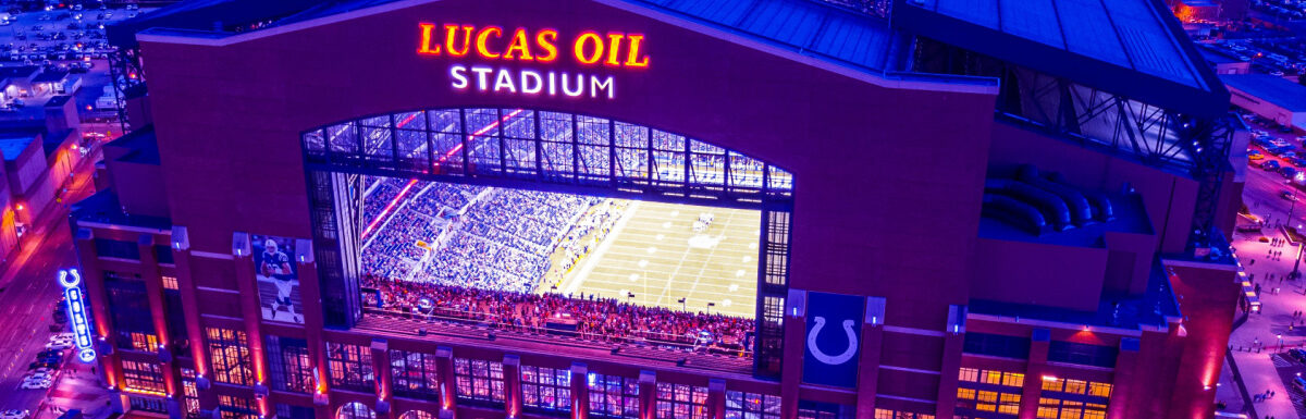 Outside Lucas Oil Stadium with lights during the night in Indianapolis, Indiana, USA.
