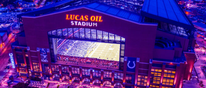 Outside Lucas Oil Stadium with lights during the night in Indianapolis, Indiana, USA.