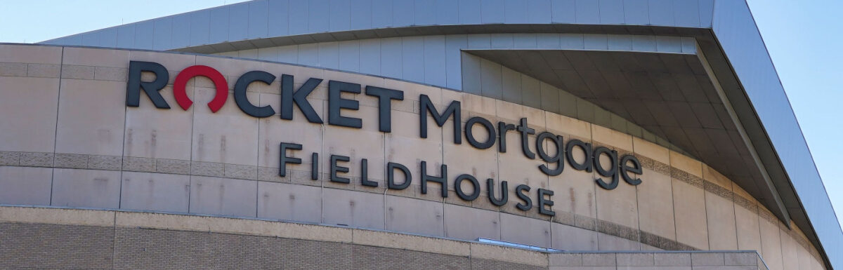 Outside view of the Rocket Mortgage Fieldhouse in Cleveland, Ohio, USA. The home of the Cleveland Cavaliers.