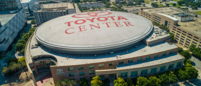 Aerial drone image of the Toyota Center Houston, Texas, USA.