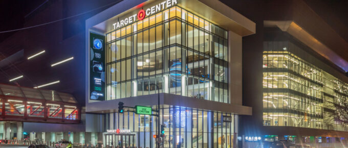 A Wide Angle Shot Traffic in front of the Target Center in Minneapolis, Minnesota, USA.