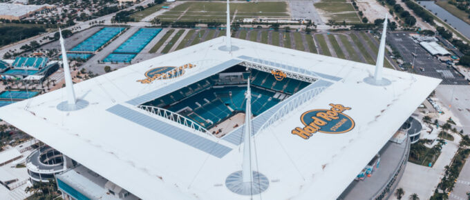 Aerial view drone photography of Hard Rock Stadium located in Miami Gardens in Florida.