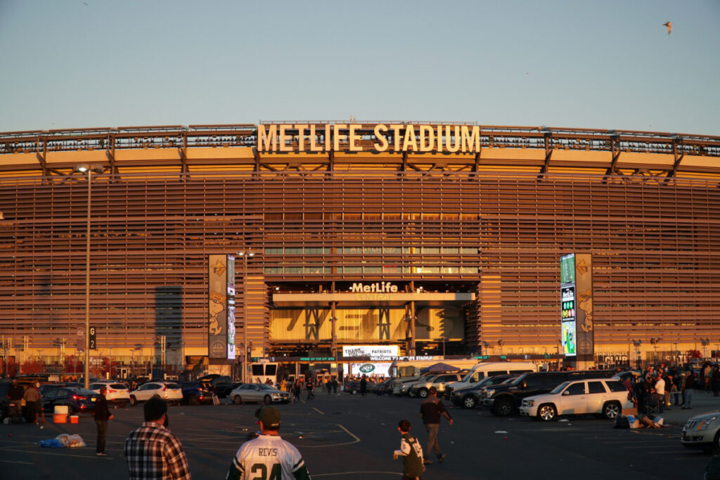 Metlife Stadium at sunset golden hour in East Rutherford, New Jersey, USA.