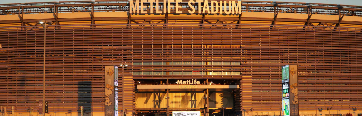 Metlife Stadium at sunset golden hour in East Rutherford, New Jersey, USA.