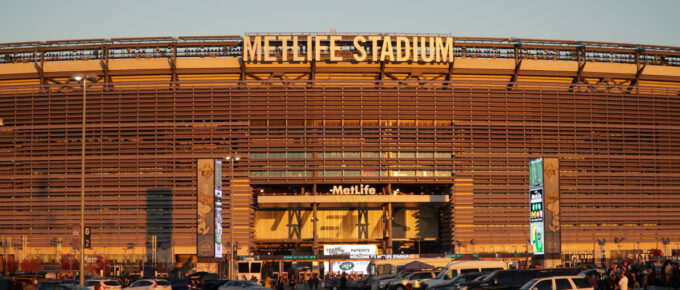Metlife Stadium at sunset golden hour in East Rutherford, New Jersey, USA.