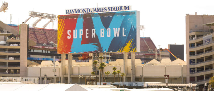 Outside the Raymond James Stadium in Tampa, Florida during the Super Bowl.