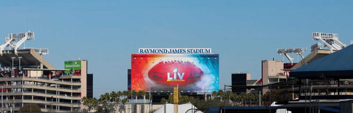 Outside the stadium of Super Bowl LV at the Raymond James Stadium in Tampa, Florida, USA, during the day.