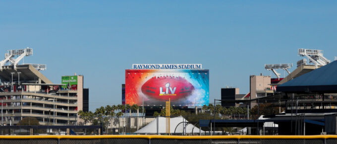 Outside the stadium of Super Bowl LV at the Raymond James Stadium in Tampa, Florida, USA, during the day.