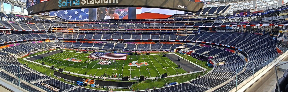 Panorama of the SoFi Stadium during Super Bowl 56 National Anthem rehearsal.