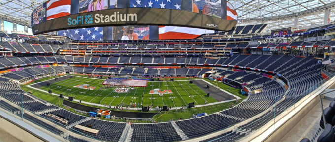 Panorama of the SoFi Stadium during Super Bowl 56 National Anthem rehearsal.