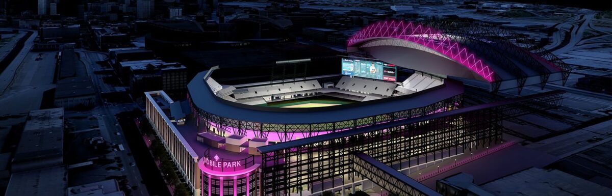 Aerial view of the T-mobile arena at night.