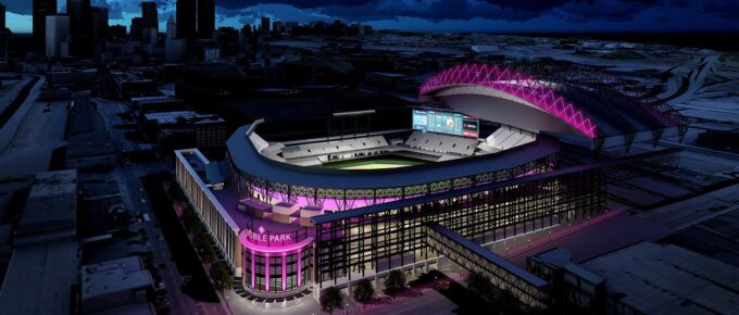 Aerial view of the T-mobile arena at night.