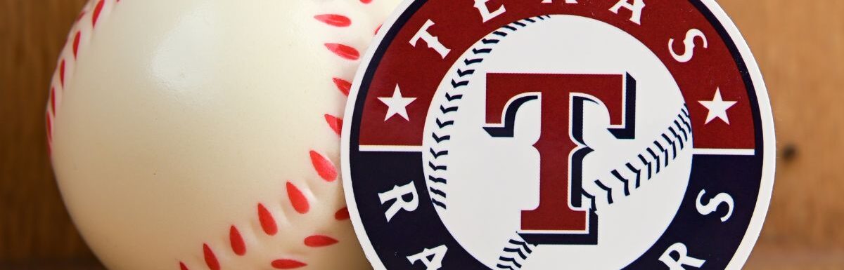 The emblem of the baseball club Texas Rangers and a baseball.