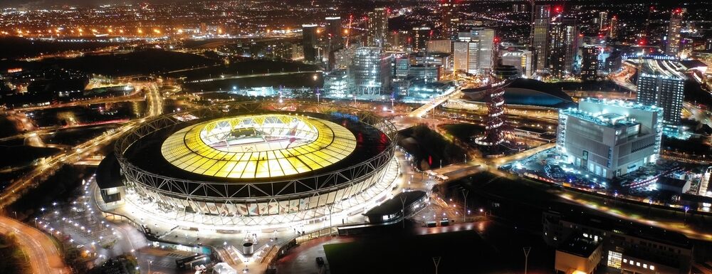 An arial image of the London Stadium at night
