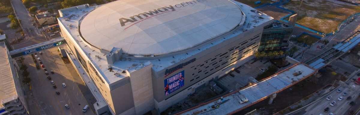 Amway Center aerial view at sunset at 400 West Church Street in Downtown Orlando, Florida USA.