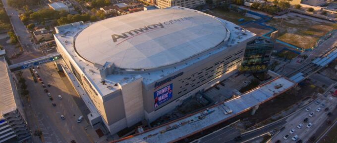 Amway Center aerial view at sunset at 400 West Church Street in Downtown Orlando, Florida USA.