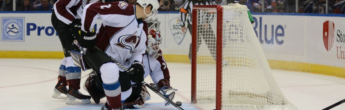 Jean-Sebastien Giguere (Colorado Avalanche) during game vs. New York Islanders at Nassau Coliseum.