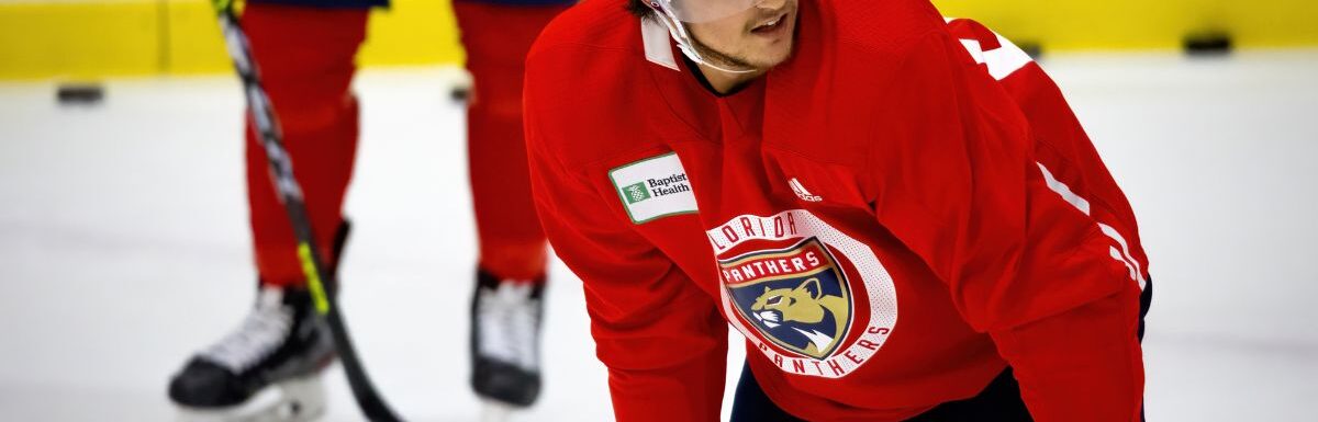 Florida Panthers players during morning practice session for NHL regular season 2021-2022 at Florida Panthers IceDen.