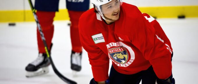 Florida Panthers players during morning practice session for NHL regular season 2021-2022 at Florida Panthers IceDen.