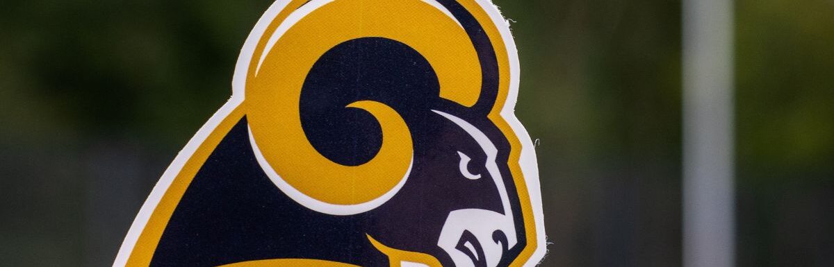 Emblem of a professional American football team Los Angeles Rams based in the Los Angeles metropolitan area at the sports stadium.