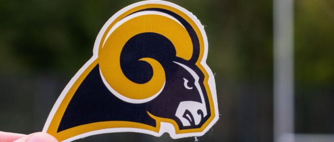 Emblem of a professional American football team Los Angeles Rams based in the Los Angeles metropolitan area at the sports stadium.