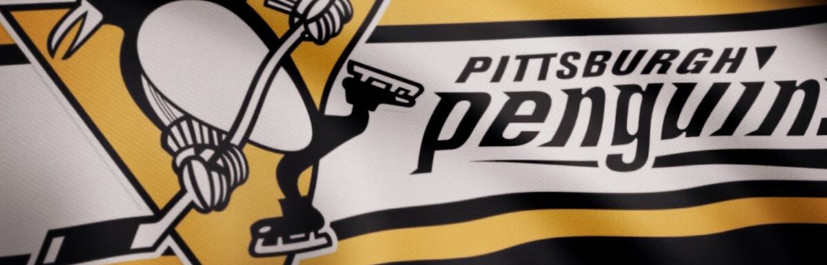 Close-up of waving flag with Pittsburgh Penguins NHL hockey team logo, seamless loop.