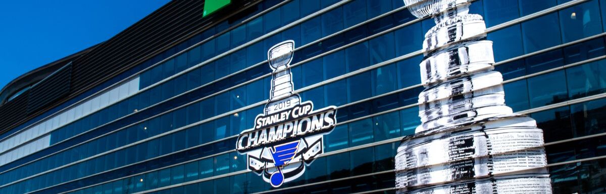 Graphics depicting the Stanley Cup and 2019 NHL Championship cover the front of the Enterprise Center, home of the St Louis Blues professional hockey team.