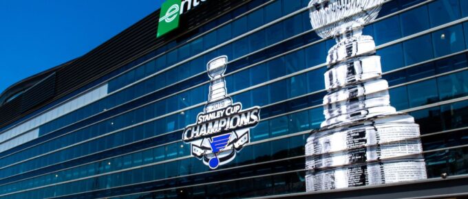 Graphics depicting the Stanley Cup and 2019 NHL Championship cover the front of the Enterprise Center, home of the St Louis Blues professional hockey team.