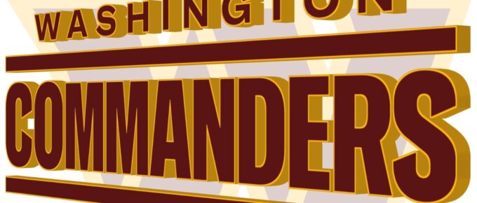 3D Washington Commanders wordmark, with the Washington Commanders logo in a fading background.