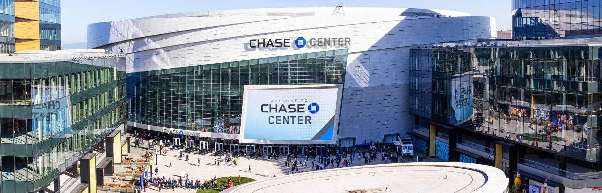 High angle view of the newly opened Chase Center arena and the new UBER headquarters in the Mission Bay District in San Francisco California, USA.