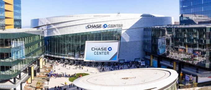 High angle view of the newly opened Chase Center arena and the new UBER headquarters in the Mission Bay District in San Francisco California, USA.