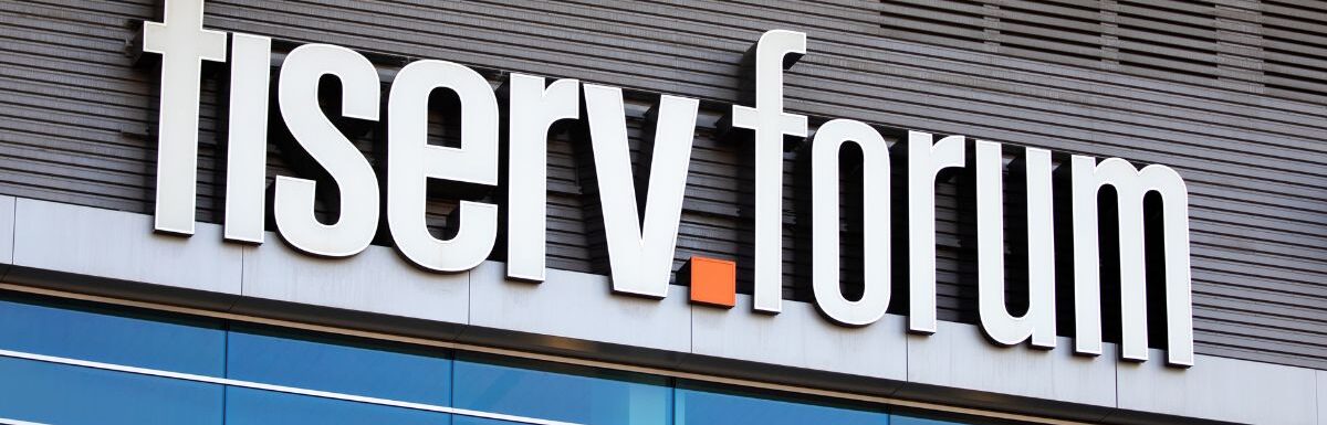 The facade sign of the Fiserv Forum in Milwaukee, Wisconsin, USA.